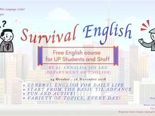 ศูนย์ภาษาคณะศิลปศาสตร์ มหาวิทยาลัยพะเยา ขอเชิญเข้าร่วมอบรม Survival English by Aj. Annalisa J. Ard ภาษาอังกฤษเพื่อการใช้ชีวิตในทุกที่ ทุกสถานการณ์ เริ่ม 24 ตุลาคม – 16 พฤศจิกายน 2561